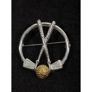 Napier Two Tone Golf Club Ball Round Pin Brooch Silver Tone